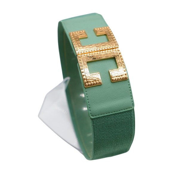 Women Jade Teal Elastic Wide Fashion Belt Hip Waist Gold Metal C Buckle Fit S M - Picture 10 of 17